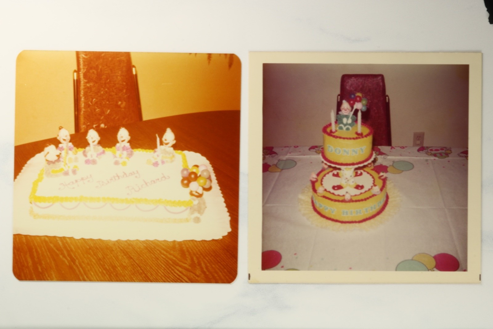 FOUND PHOTO 1980\'s two vintage creepy clown Birthday Cakes