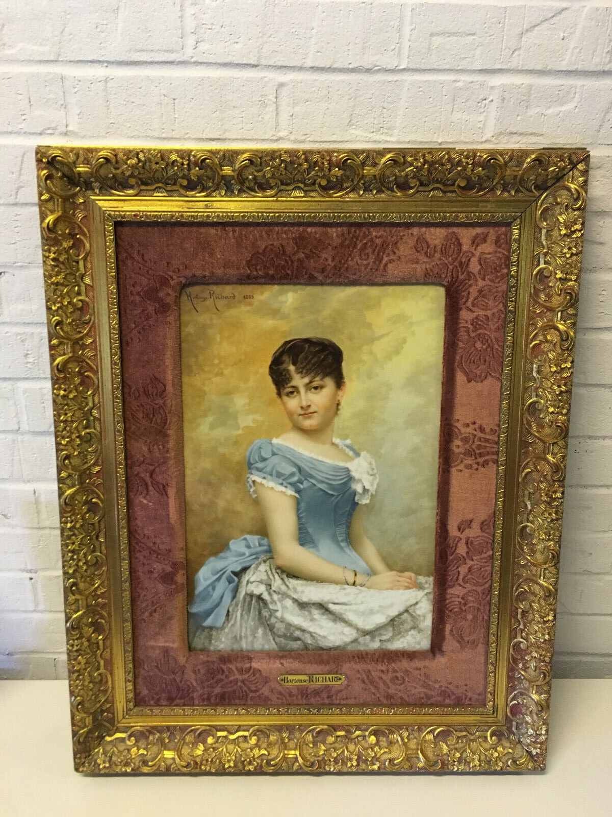 Antique 1885 Hortense Richard Signed Painted Large Porcelain Plaque Lovely Woman