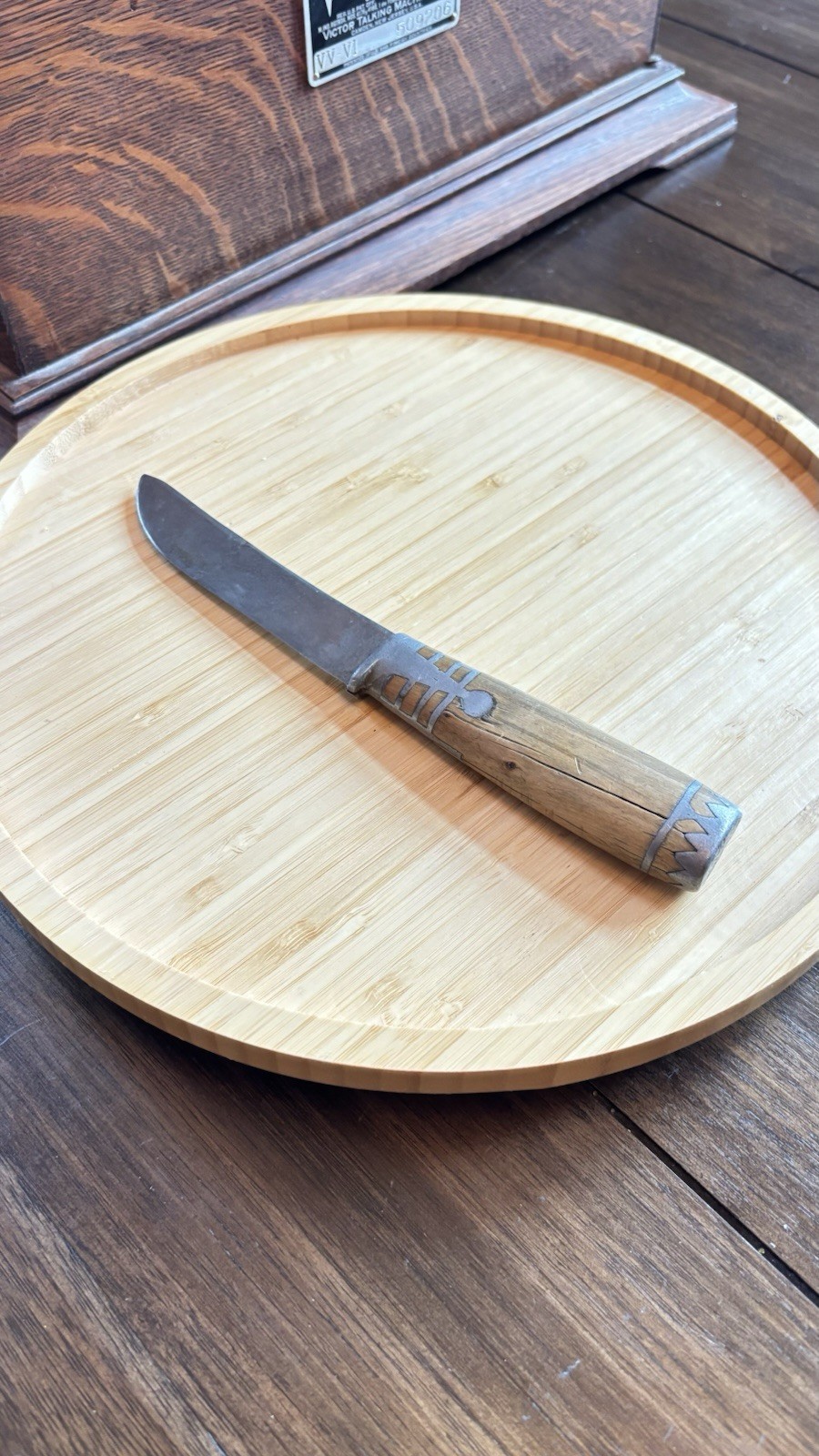 Vintage Trade Style Fixed Blade Knife 9” Geometric Metal Inlay Brown Handle