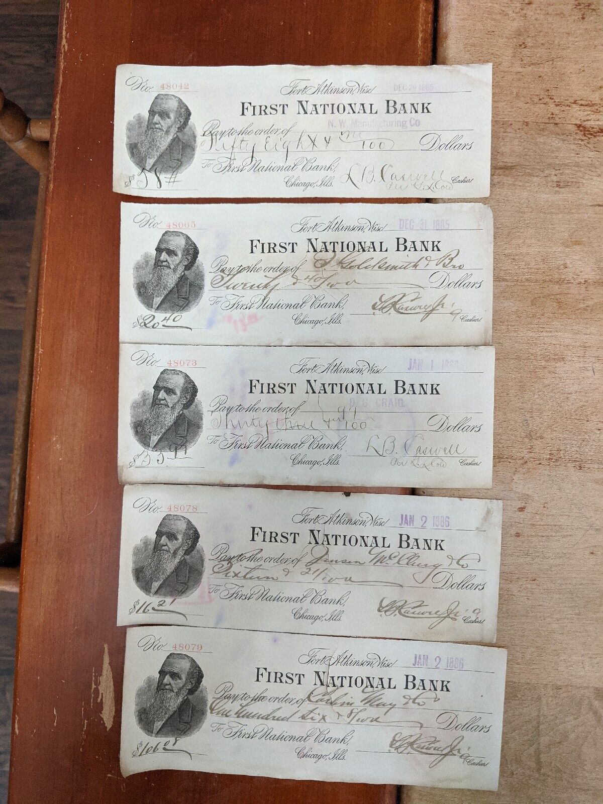 LB Caswell Signed 1886 First National Bank Chicago Used Checks. Lot Of 5