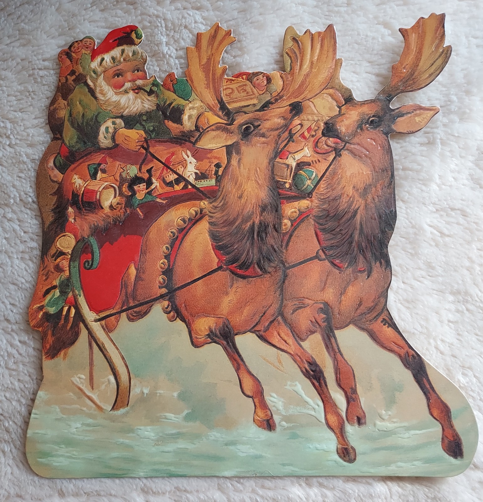 Merrimack Old Fashioned Santa Sleigh Reindeer Die Cut Christmas Stand Up VTG  8