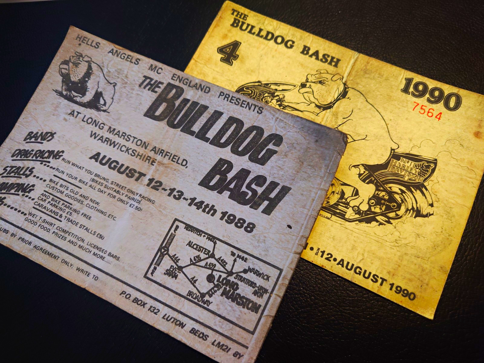 2x Vintage Bulldog Bash Flyer Ticket 1988 1990 Hells Angels MC Biker Memorabilia