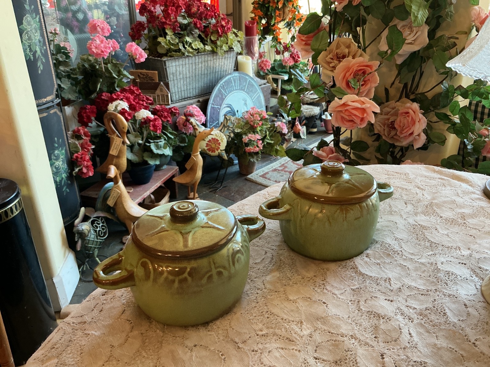 Pair Frankoma Pottery  Wagon Whreel Bean Pot/Casserole w/Lid 94U  Prarie Green