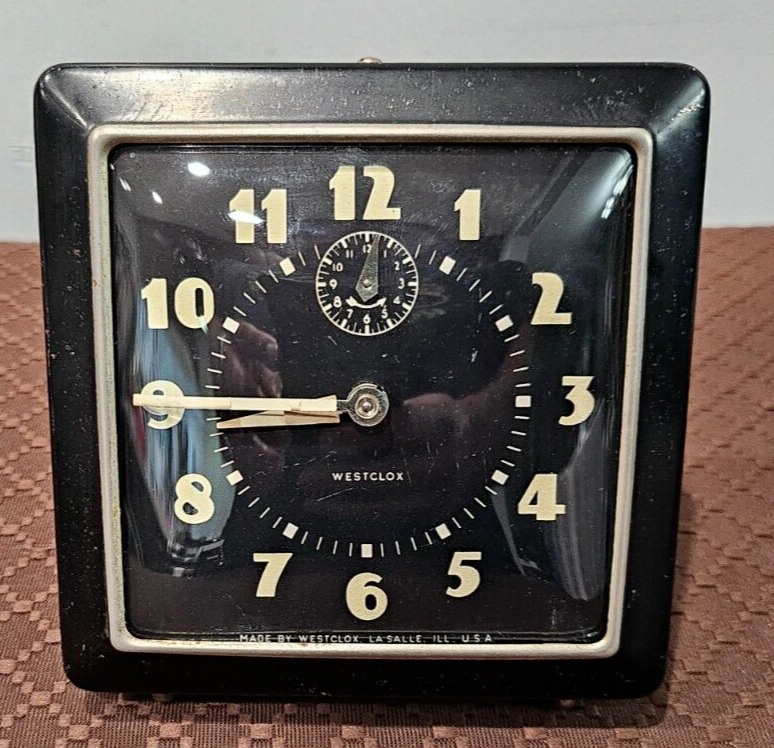 Mid Century Westclox Vintage Windup Alarm Clock Black Square Glow In The Dark