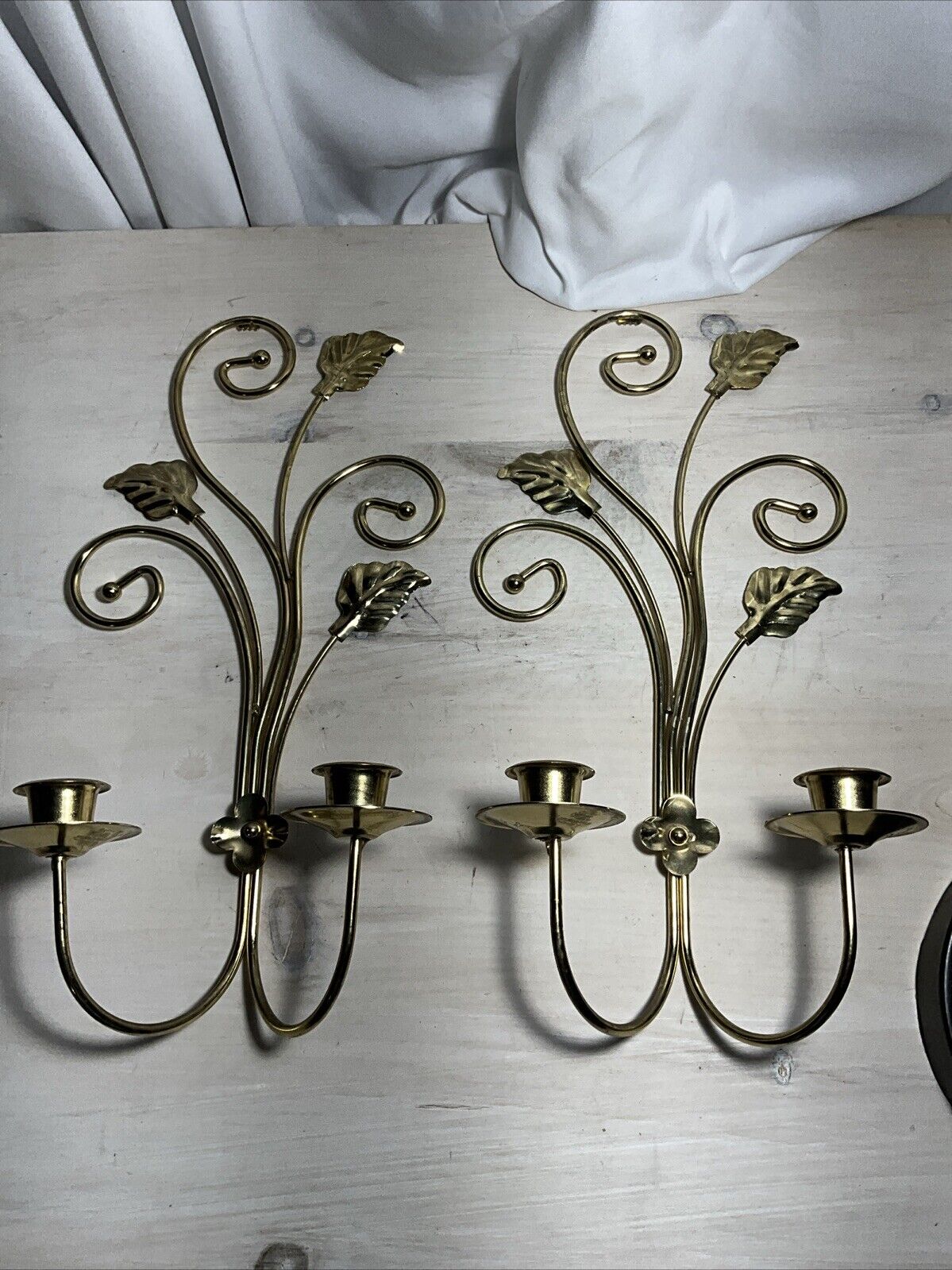 Pair Of Double Candle Brass Wall Sconces 14” Leaves