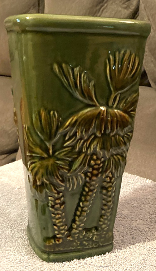 VTG 1970\'s Square Green Ceramic Vase Tropical Palm Trees 7.75”Tall X 4” Wide-EUC