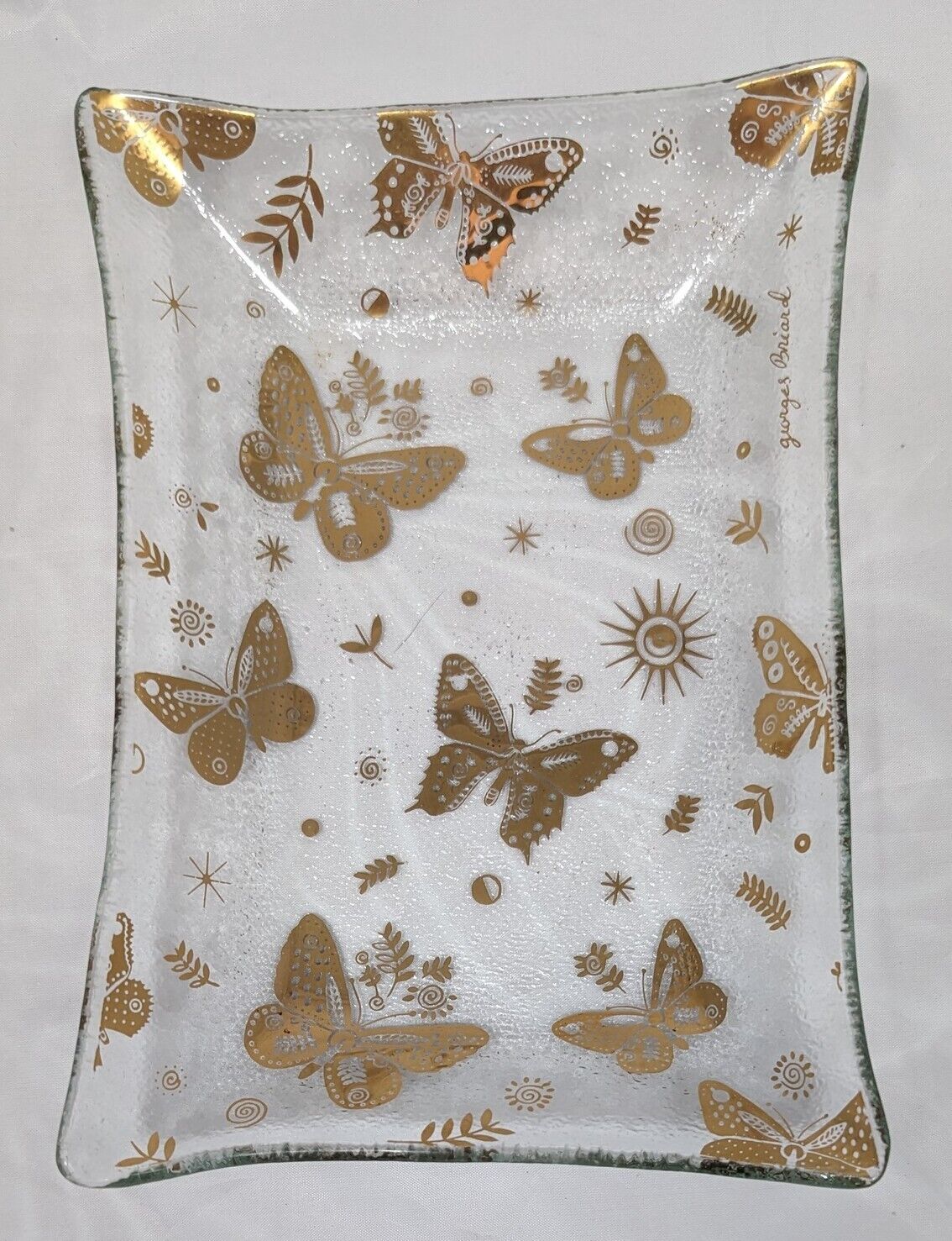 Georges Briard Signed Gold Butterfly   Rectangular Glass Serving Tray 6\