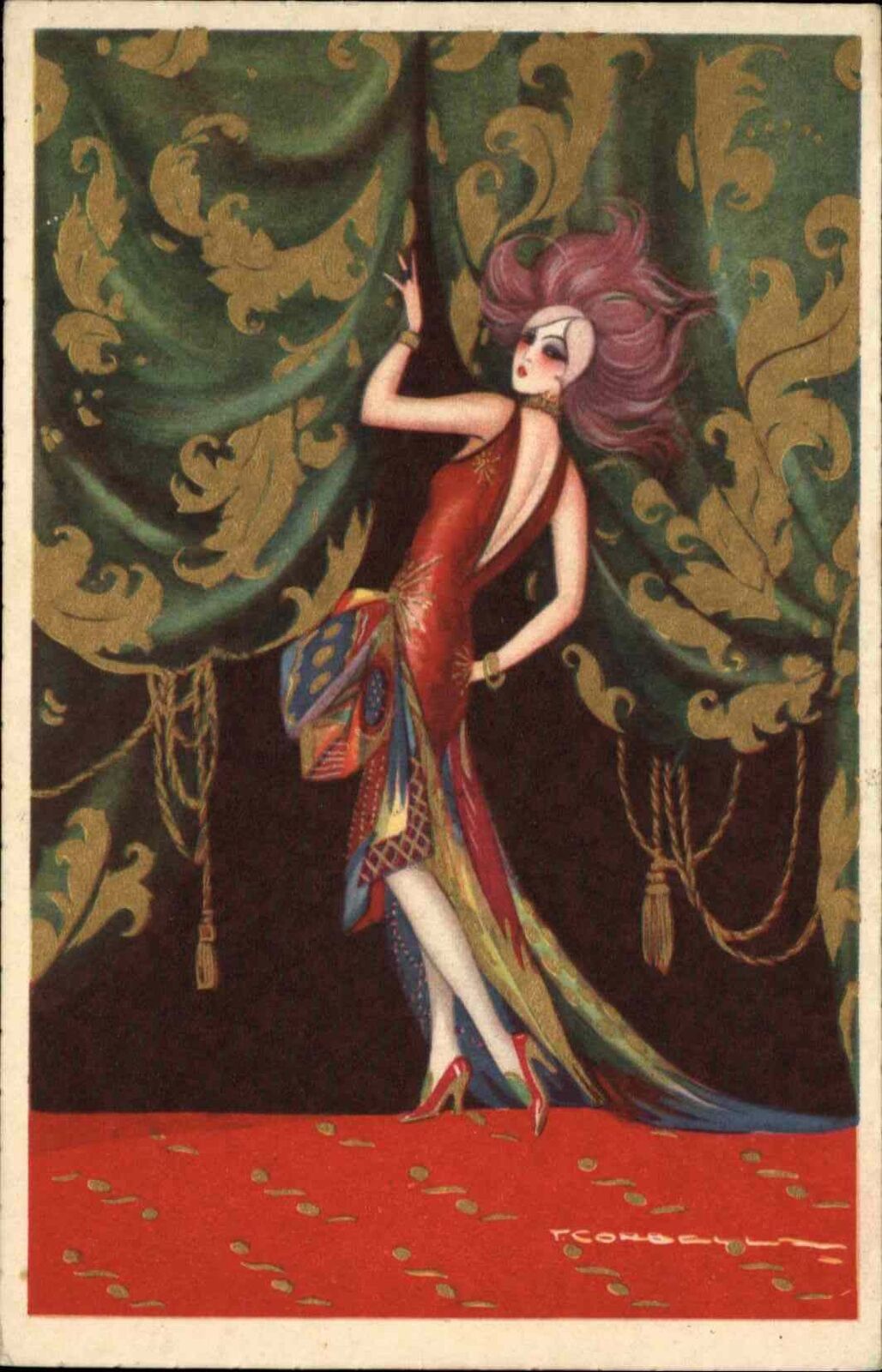 Beautiful Woman Art Deco Peacock-Like Dress Curtains CORBELLA c1920s Postcard
