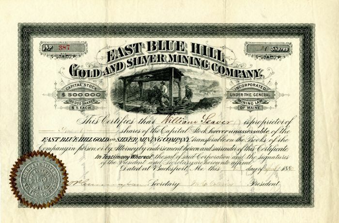 East Blue Hill Gold and Silver Mining Co. - Stock Certificate - Mining Stocks