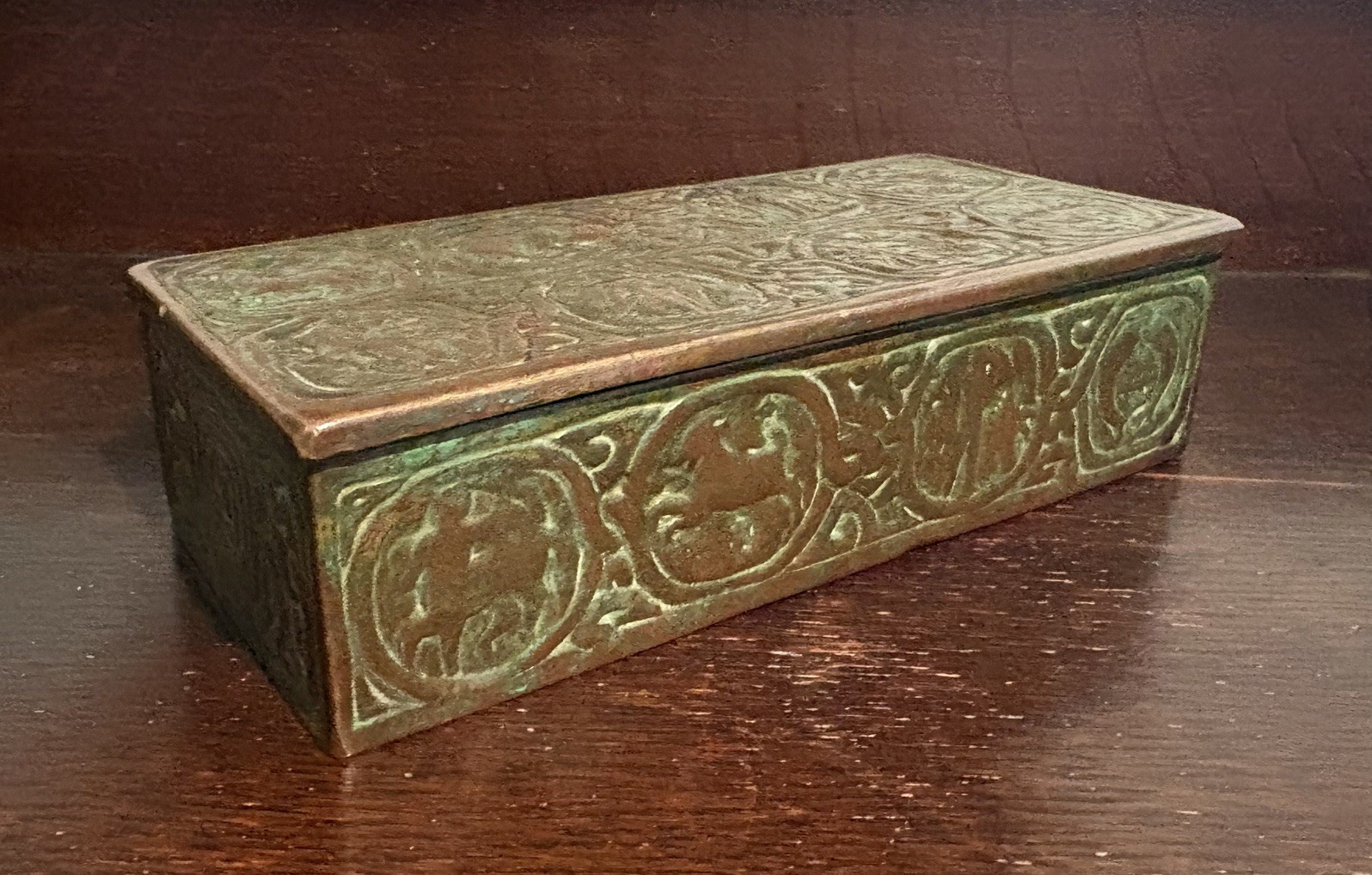 Antique Tiffany Studios Zodiac Pattern Bronze Utility Box Incredible Patina