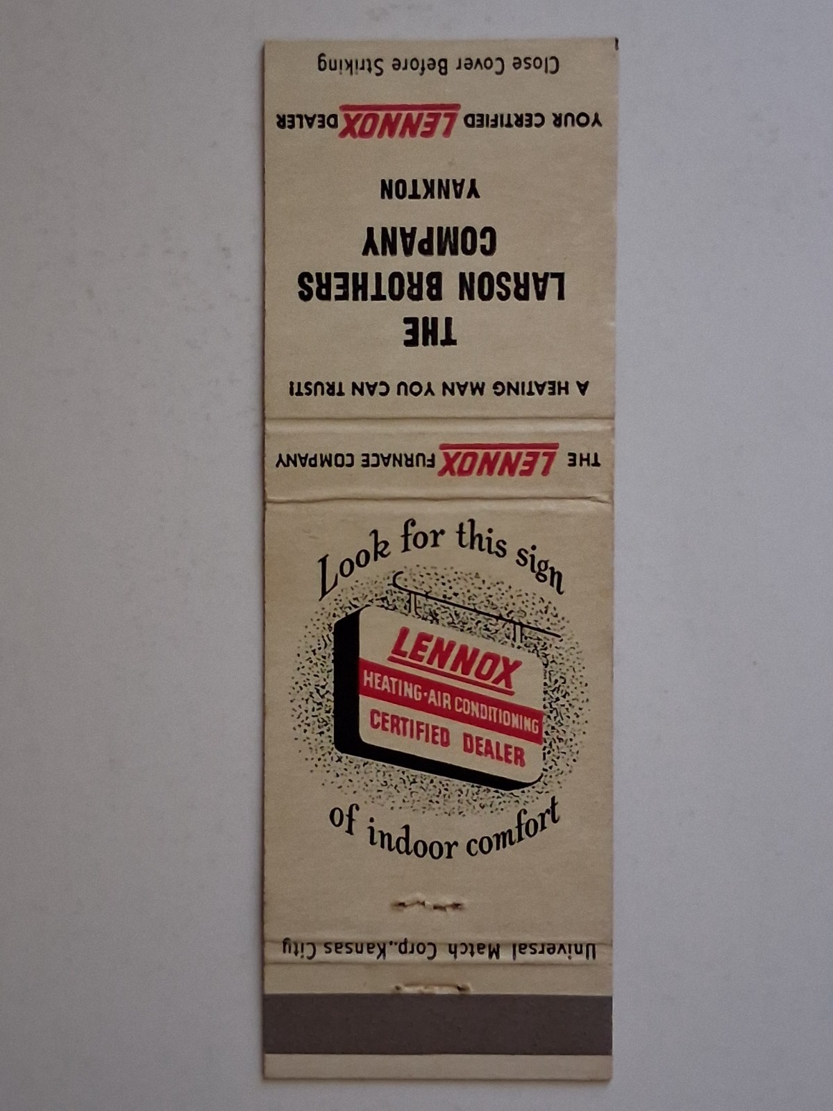 Lennox Heating & A/C Matchbook Cover. Larson Brothers Co. Yankton SD. Unstruck.