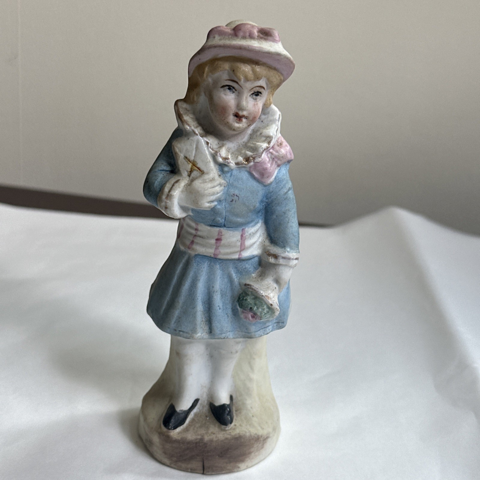 Antique German Bisque Porcelain Girl Figurine Victorian Blue Coat Pink Hat 6\