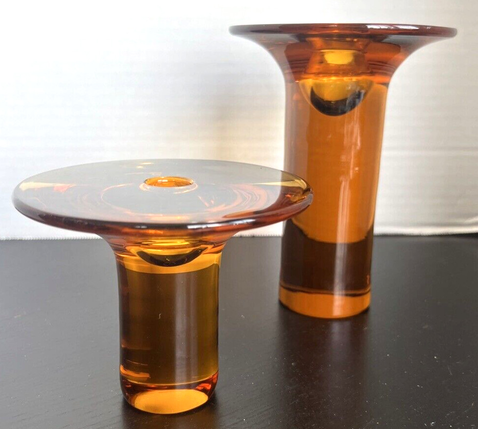 Nanny Still Riihimaen Lasi Oy Finland Amber Ambra Glass Candlestick Holders MCM
