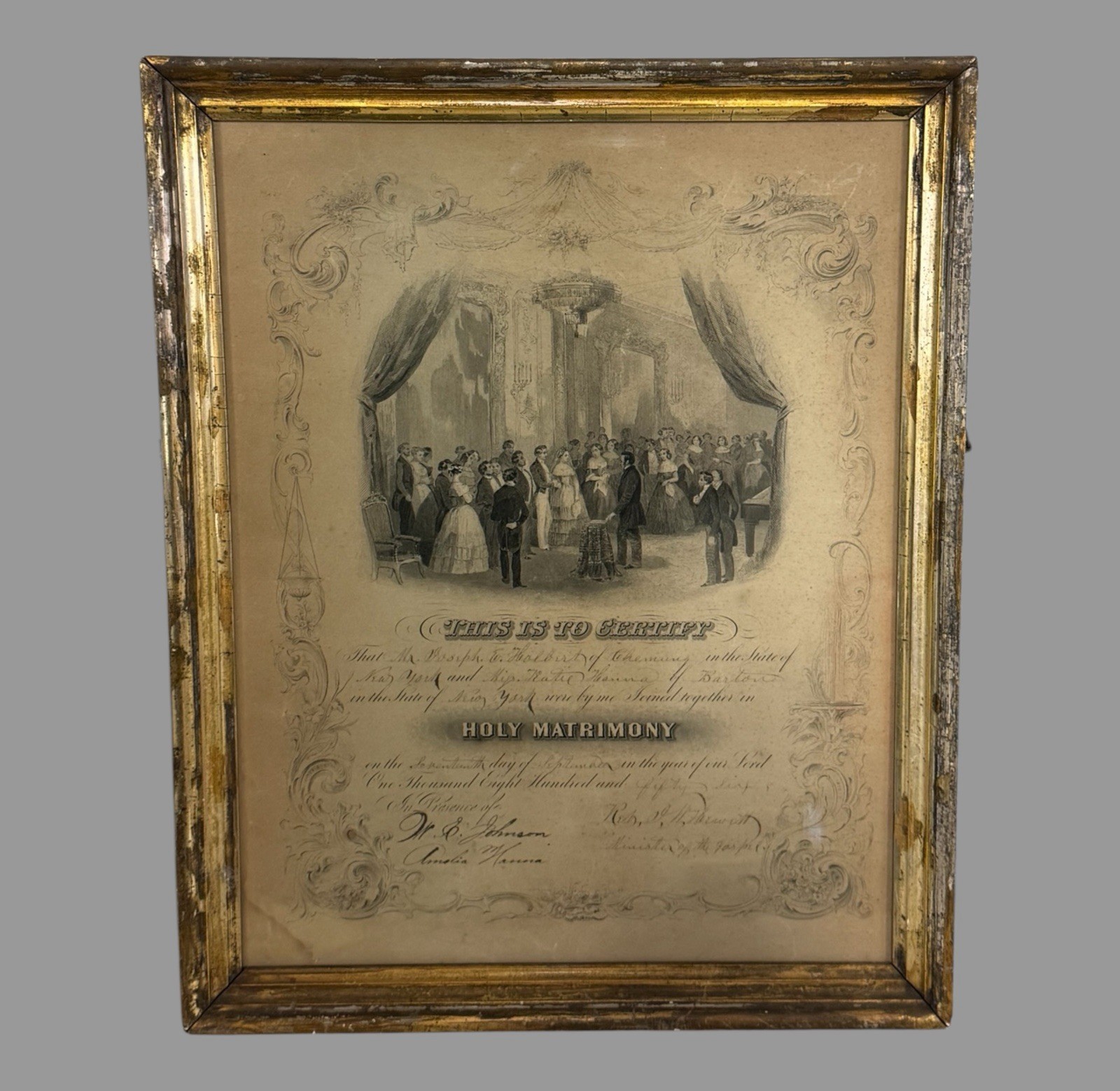 Antique 1856 Framed Marriage Certificate Lithograph Victorian Wedding Document