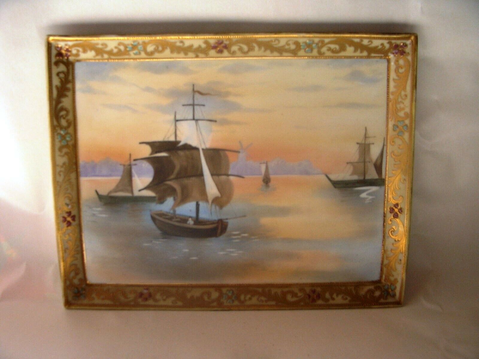 Nippon Hand Painted VintageOriental Wall hanging/Sailboats and water scene