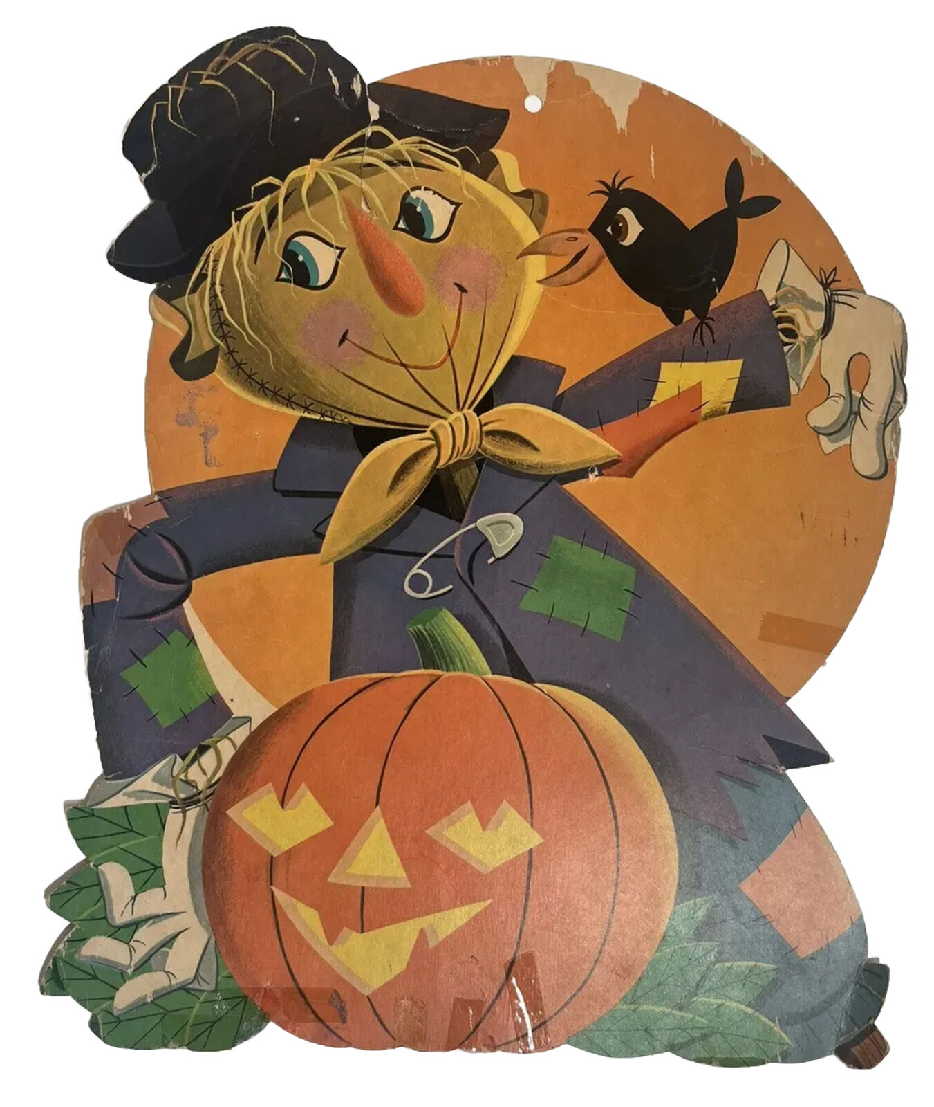 Vintage Halloween Diecut Scarecrow Pumpkin Black Crow Cardboard Decoration Vtg