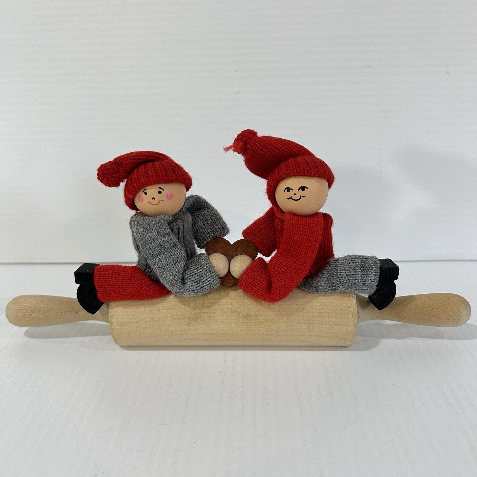 Vintage Ljungstroms Tomte Swedish Wooden Couple Rolling Pin Decor Display Heart