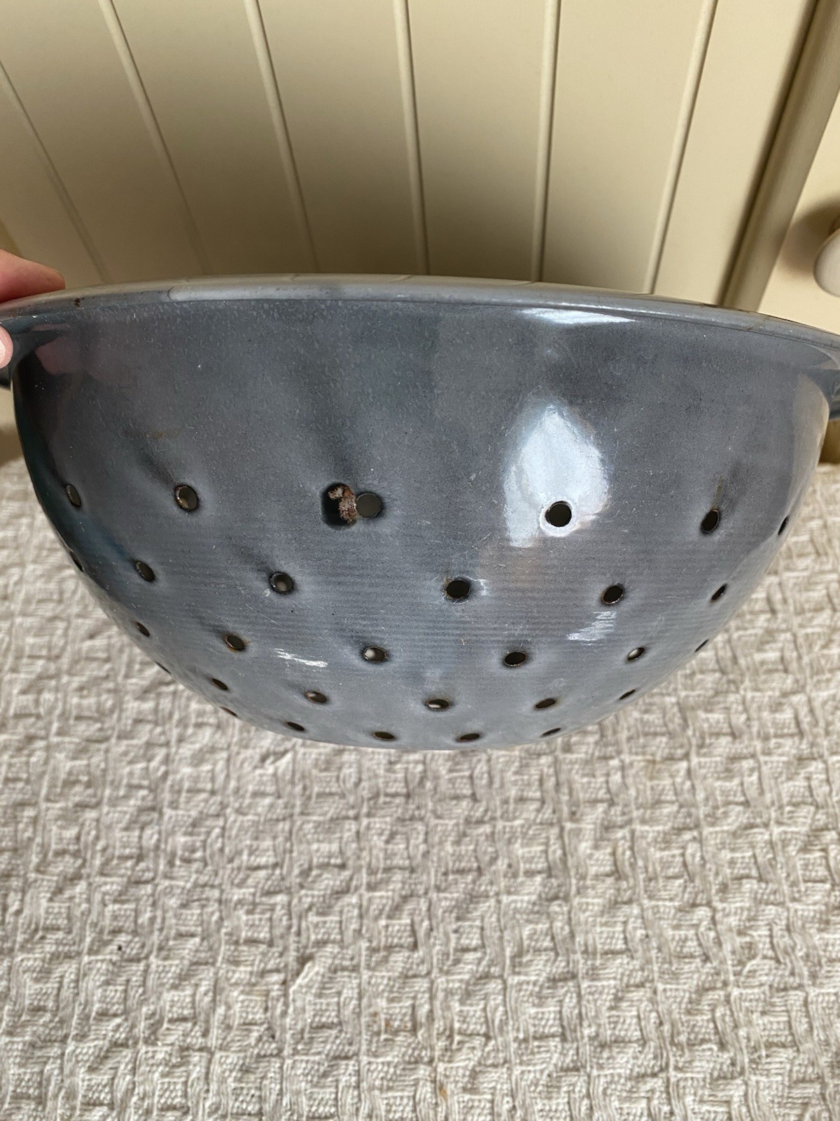 Vintage Gray Mottled Enamelware Graniteware Colander Strainer  Farmhouse 11”