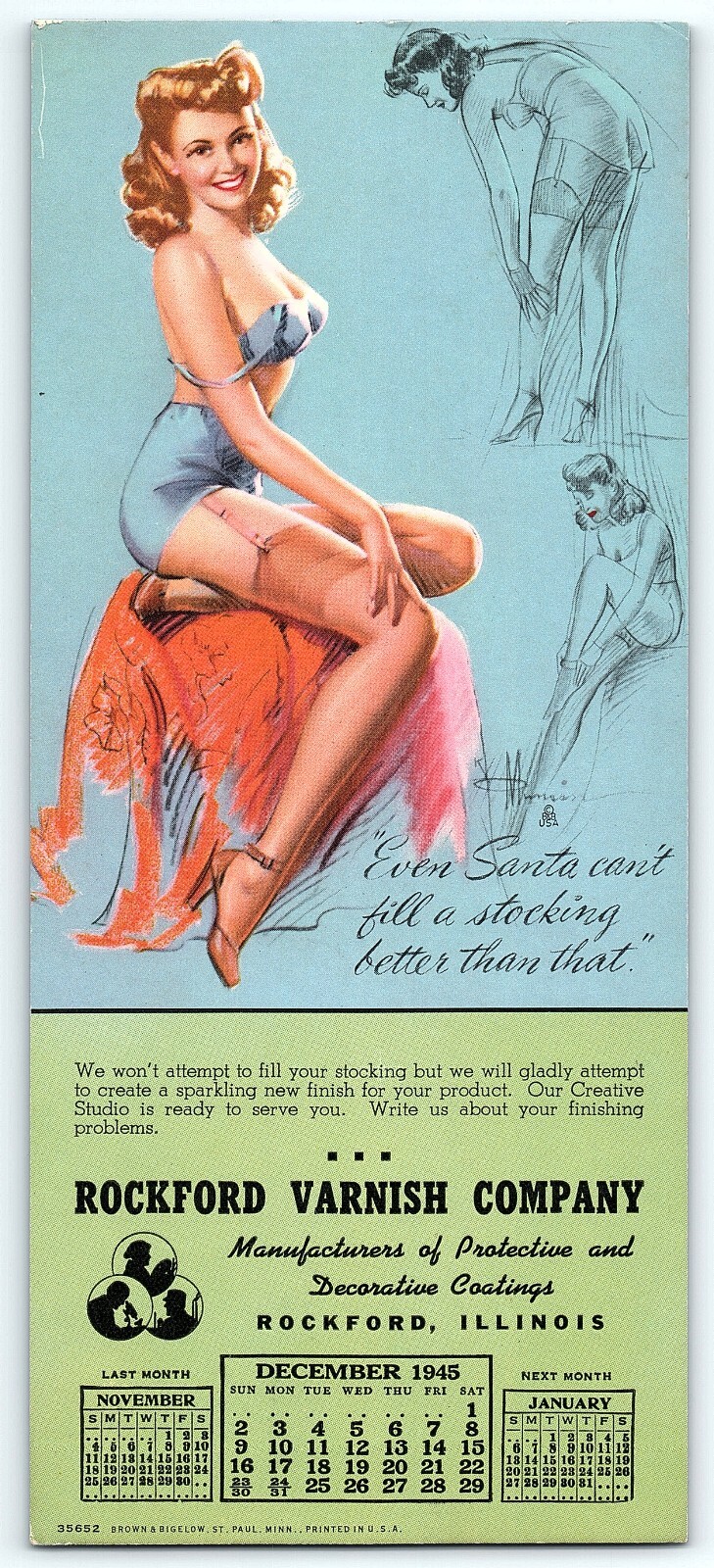 1945 ROCKFORD IL ROCKFORD VARNISH CO SEXY PINUP ART CALENDAR INK BLOTTER Z5846