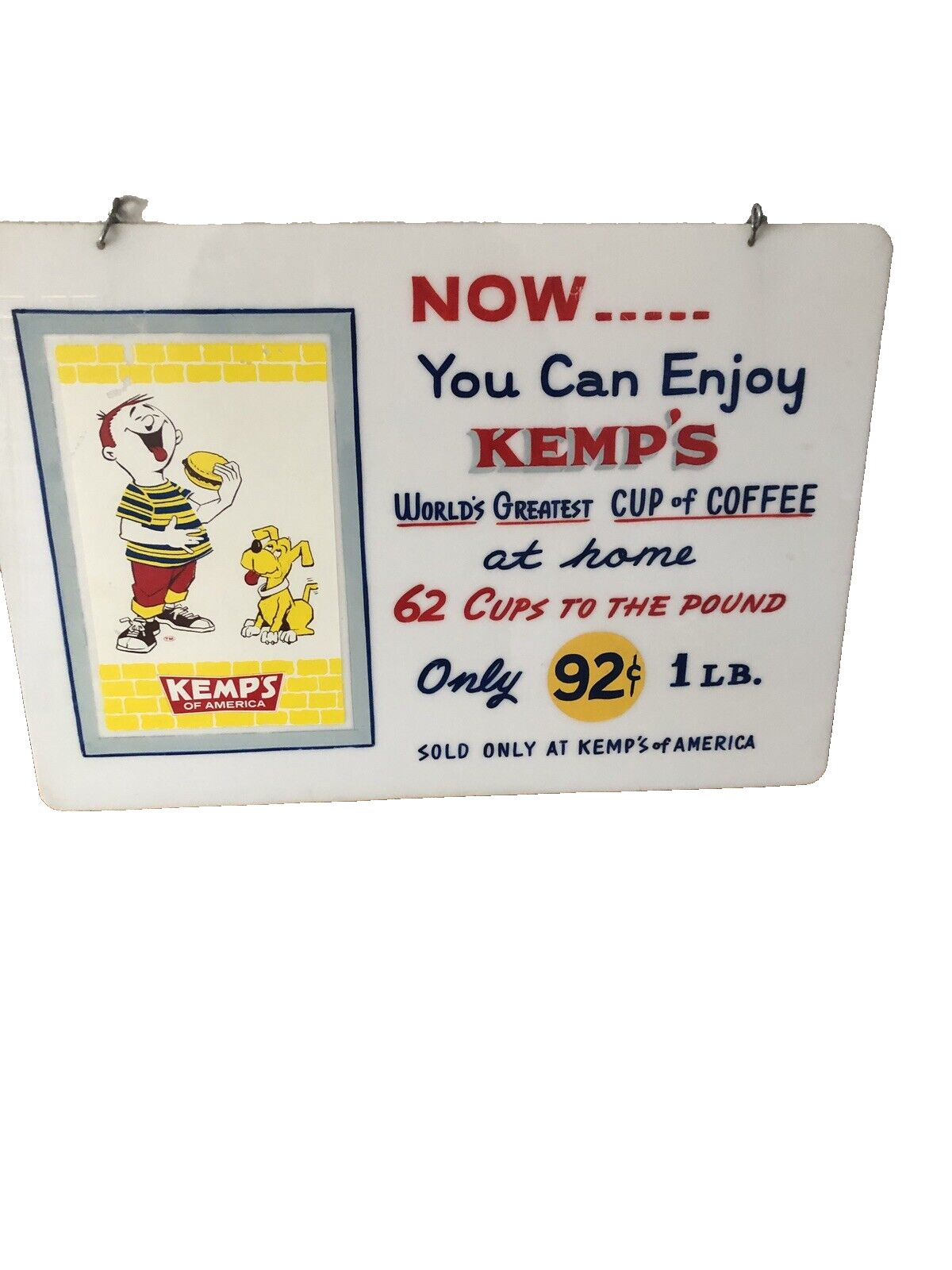 RARE VINTAGE 1950's KEMPS RESTAURANT DRIVE IN HANGING COFFEE SIGN 92 CENTS POUND