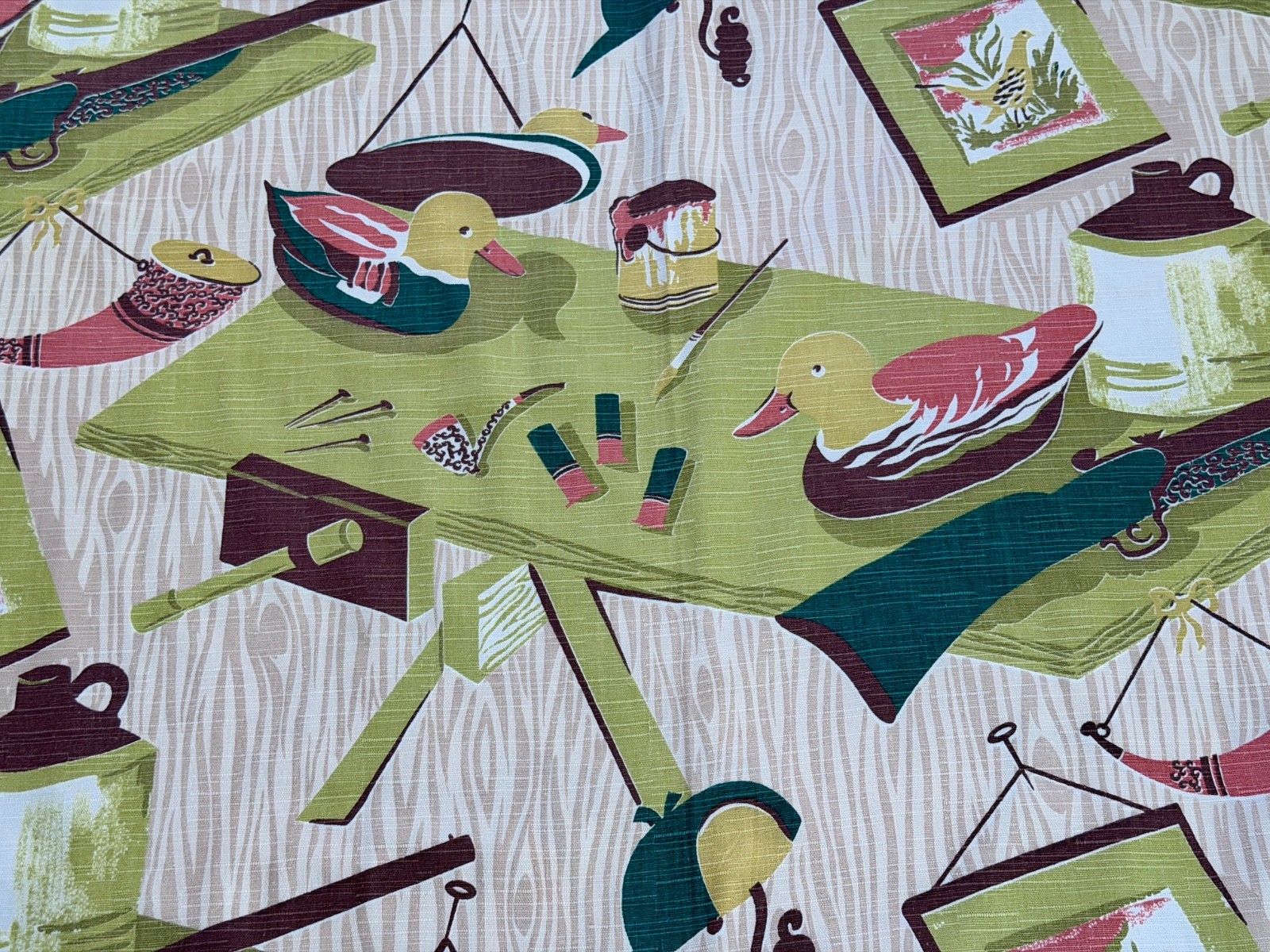 Waverly Duck Decoys Woodsy Cabin Mid Century 1940’s Barkcloth Vintage Fabric Waverly Duck Decoys Woodsy Cabin Mid Century 1940’s Barkcloth Vintage Fabric