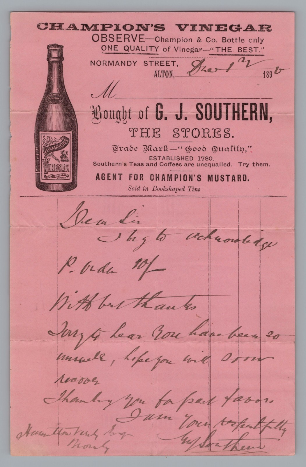 Vintage 1880s Billhead Receipt G J Southern Grocer Alton UK Champion Vinegar Vintage 1880s Billhead Receipt G J Southern Grocer Alton UK Champion Vinegar
