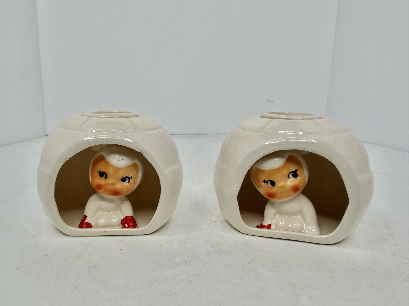 HTF 2PC SET VINTAGE MCM HOLT HOWARD CANDLE HOLDER PIXIE SNOW BABIES IGLOO 1959
