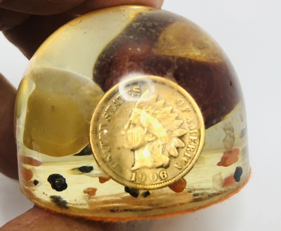 Lucite Ohio paperweight varners service antwerp 1906 Indian penny Buckeye vtg