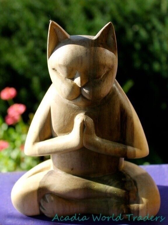 Yoga Pose Cat Buddha Statue Padmasana Handmade Wood Carving Sculpture Bali Art
