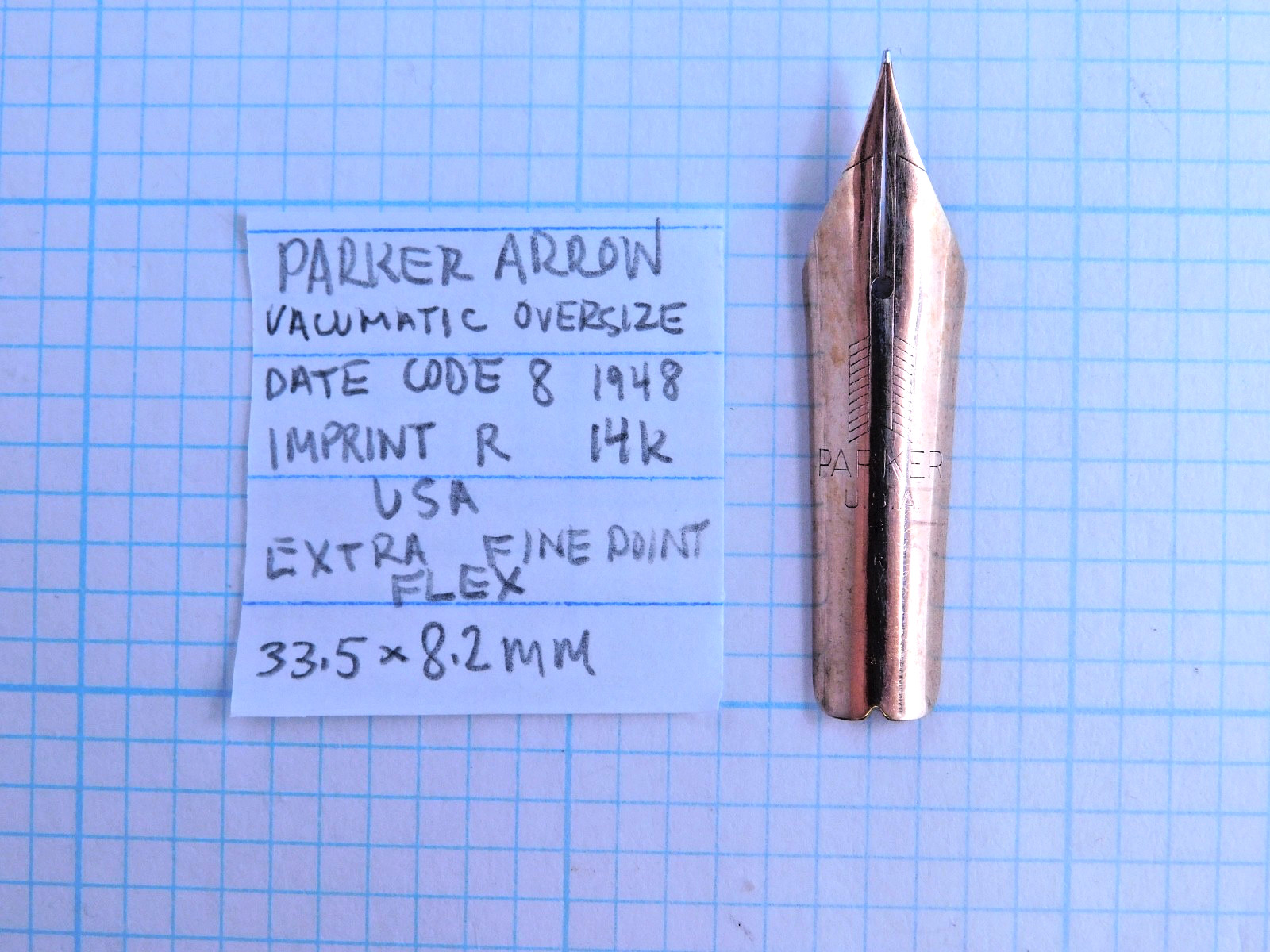 Nib: PARKER VACUMATIC OVERSIZE, Ex Fine Tip, Flex, 33.5 x 8.2mm, 1948, 14k, NOS Nib: PARKER VACUMATIC OVERSIZE, Ex Fine Tip, Flex, 33.5 x 8.2mm, 1948, 14k, NOS
