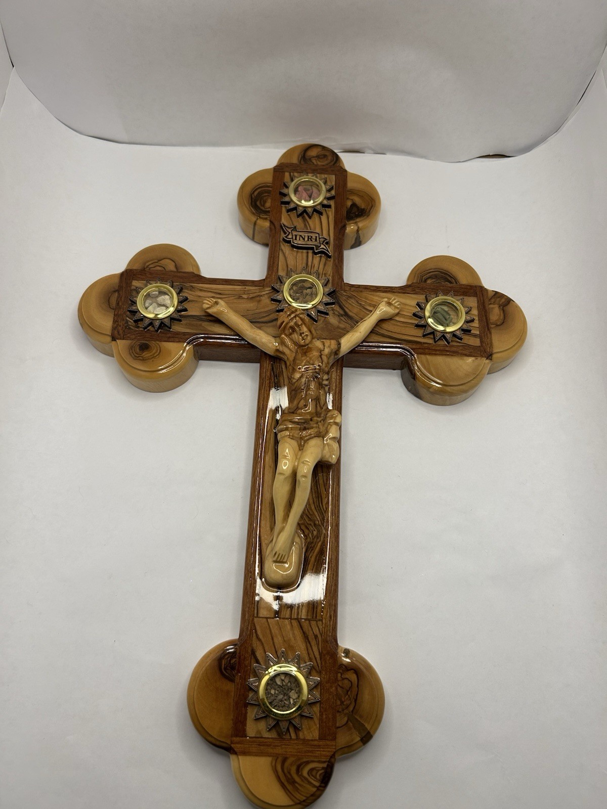 Large 16” Handcrafted Glossy Olive Wood Cross Crucifix Jerusalem - 5 Elements