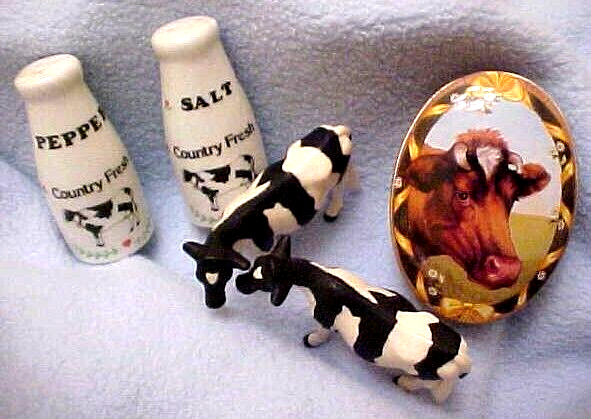 Vintage Milk Bottle Salt and Pepper - Black and White Rubber Cow Figures Cow Tin