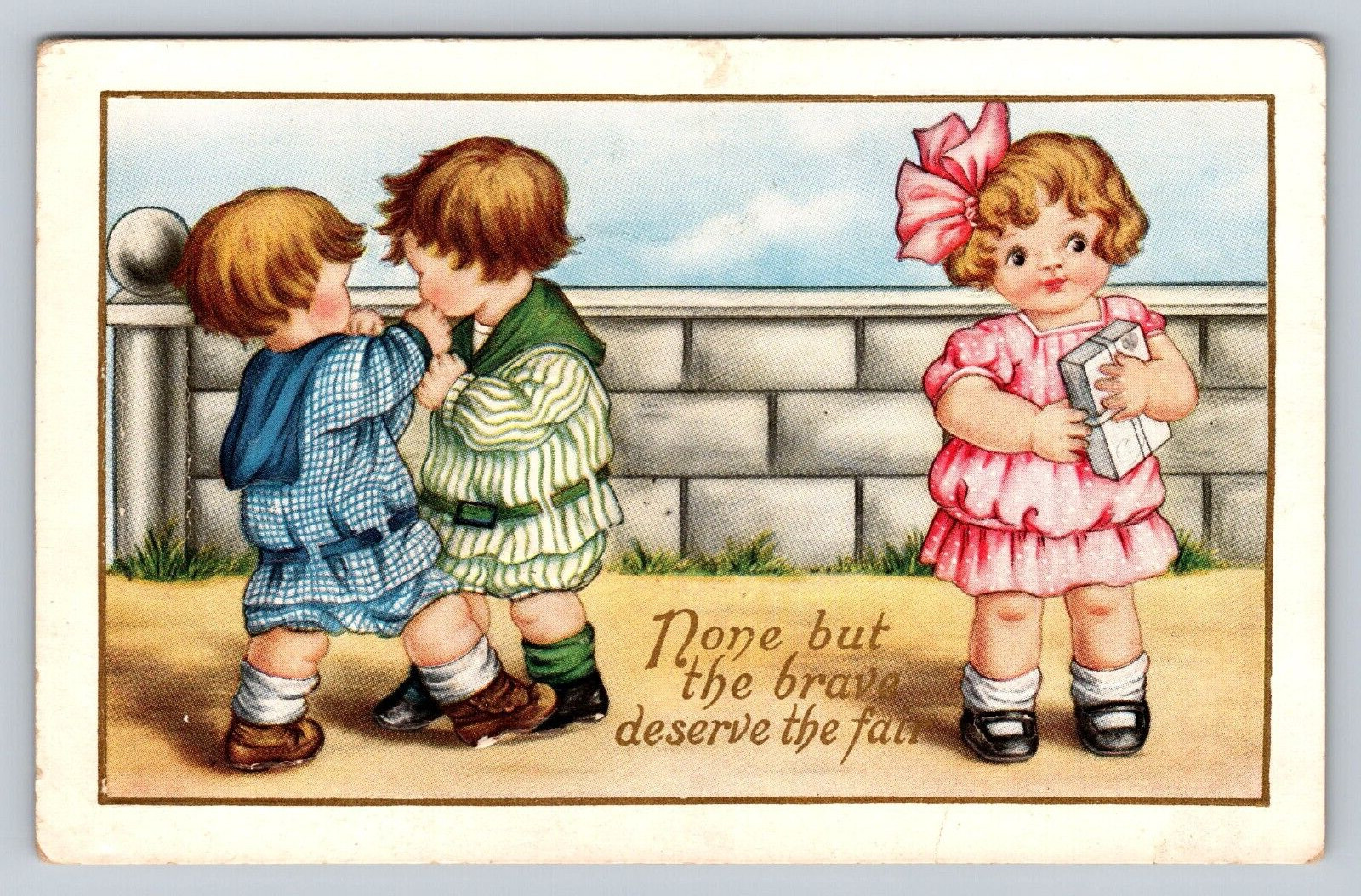 Early 1900s Antique Whitney Postcard Boys Fight Over Girl None But The Brave...