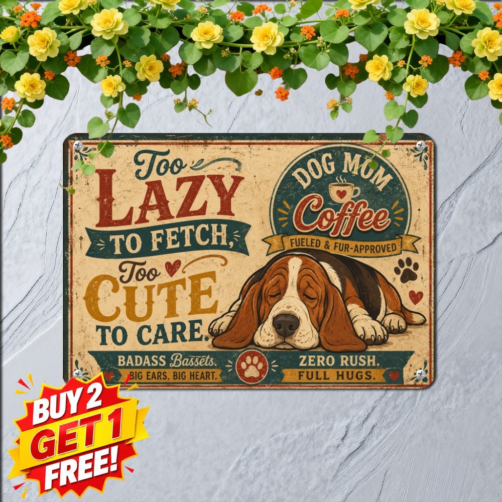 Lazy Basset Hound Dog Mom Tin Sign Cute Pet Lover Living Room Metal Wall Plaque