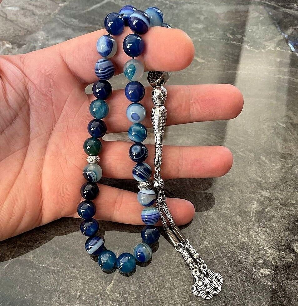 REAL Blue Agate Aqeeq Islamic Prayer 33 beads Tasbih Misbaha Rosary Tasbeeh 10mm