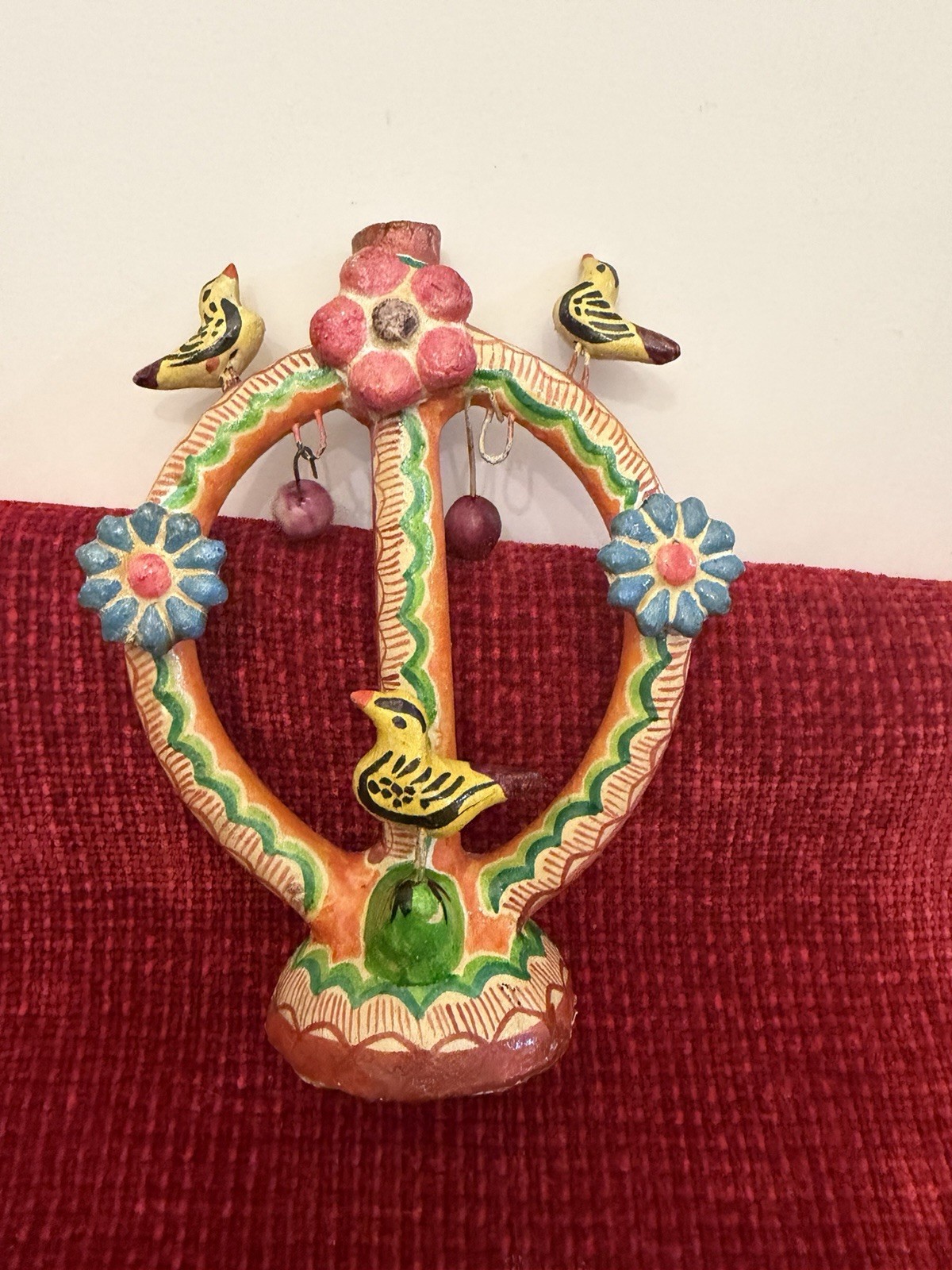 Vintage Mexican Folk Art Pottery - Tree of Life Bird Candelabra Candle Holder 5”