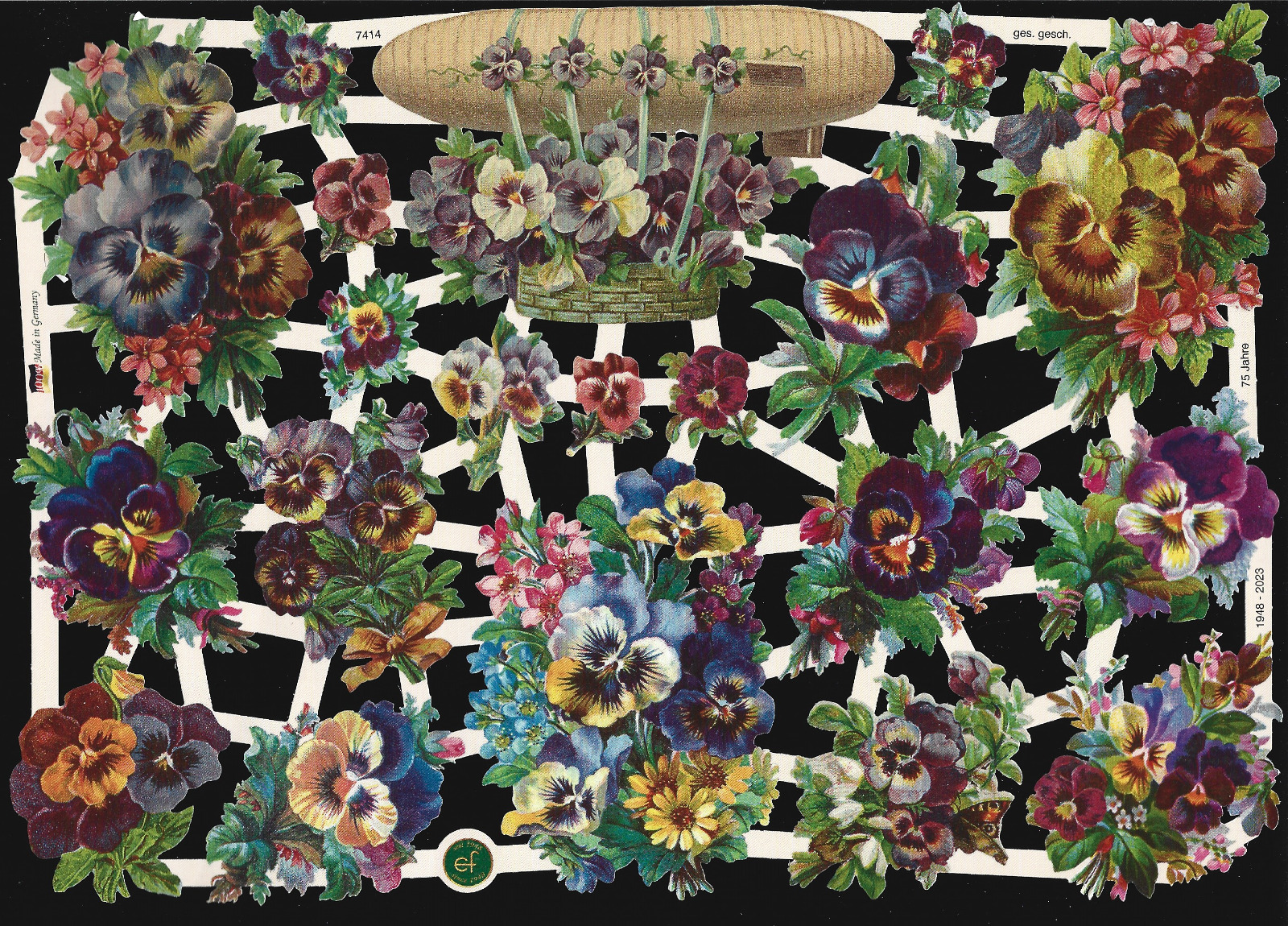 German Embossed Vintage Style Scrap Die Cut - Colorful Pansy Flowers  EF7414