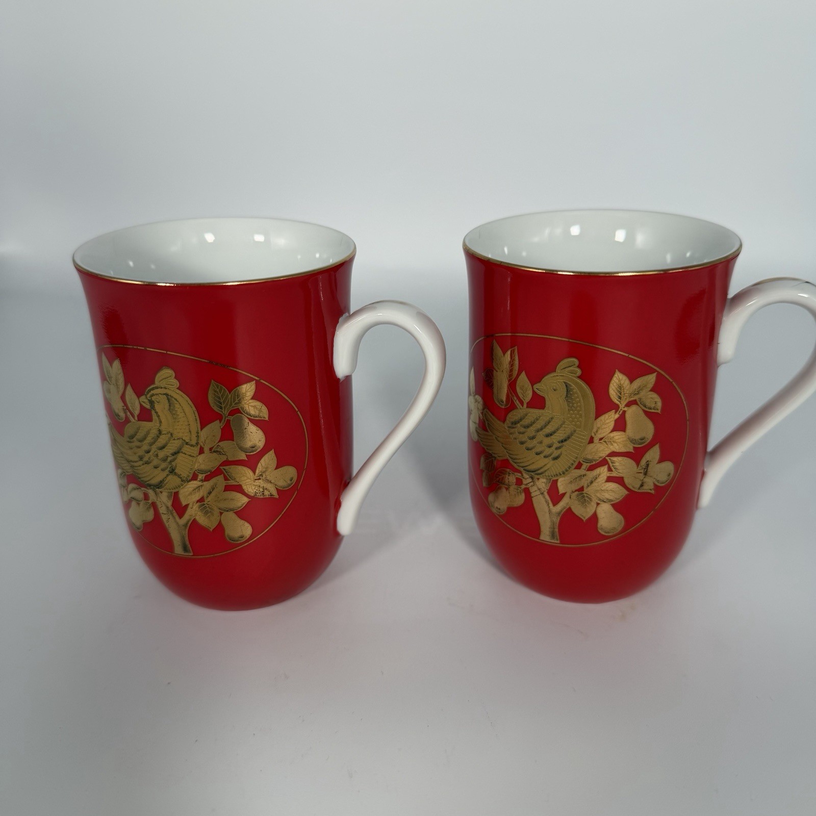 Vintage Otagiri Japan Gibson Red Gold Floral Bird Mugs 8 Oz Set of 2