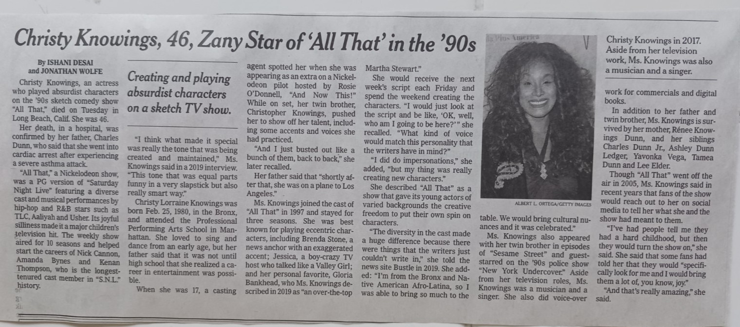 Christy Knowings 46 Brenda Fricker 81 Obituary NYT Carly Simon  Rich Johnson