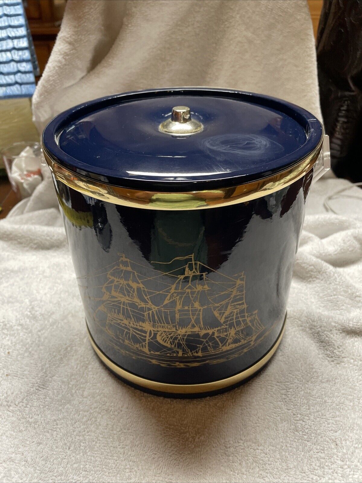 Vintage Shelton Ware Ice Bucket Blue with Gold Accents Gold Schooner Ship Front