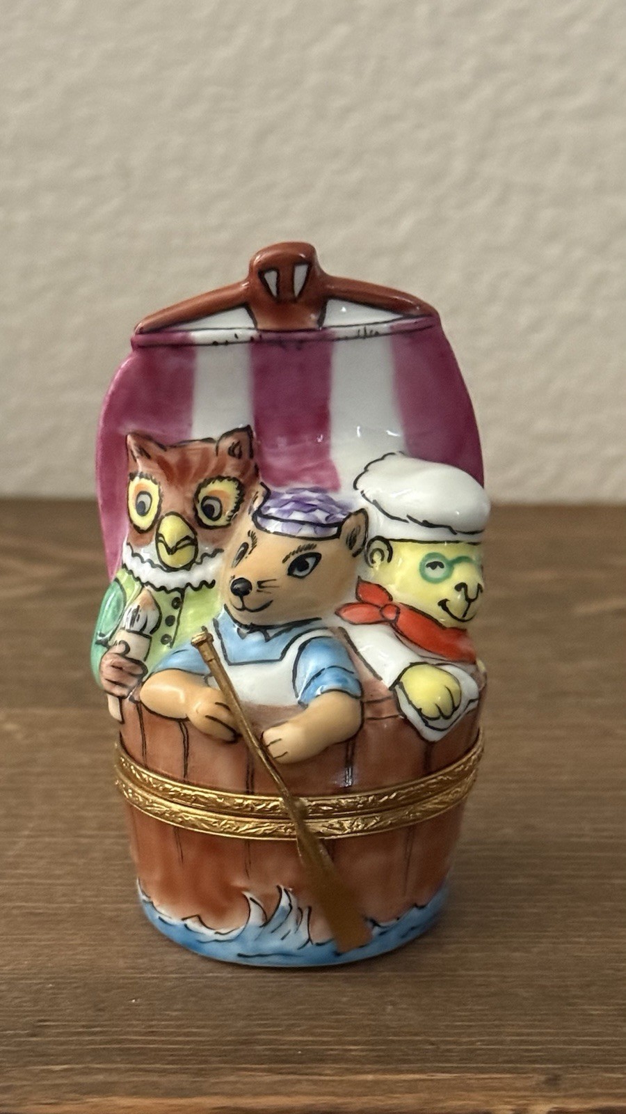 Limoges Three Men in a Tub Fox, Owl & Sheep Trinket Box Peint Main France