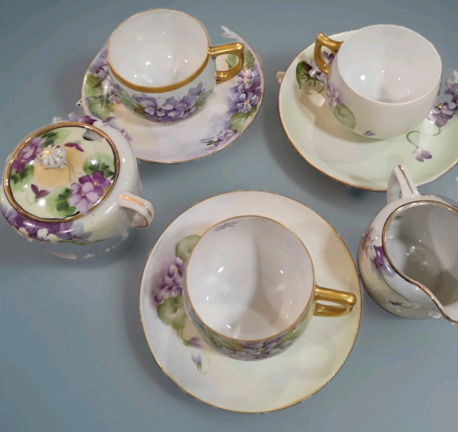 Vtg Violet Floral Porcelain Tea Set 3 Cups Saucers Sugar Creamer Gold Mismatched
