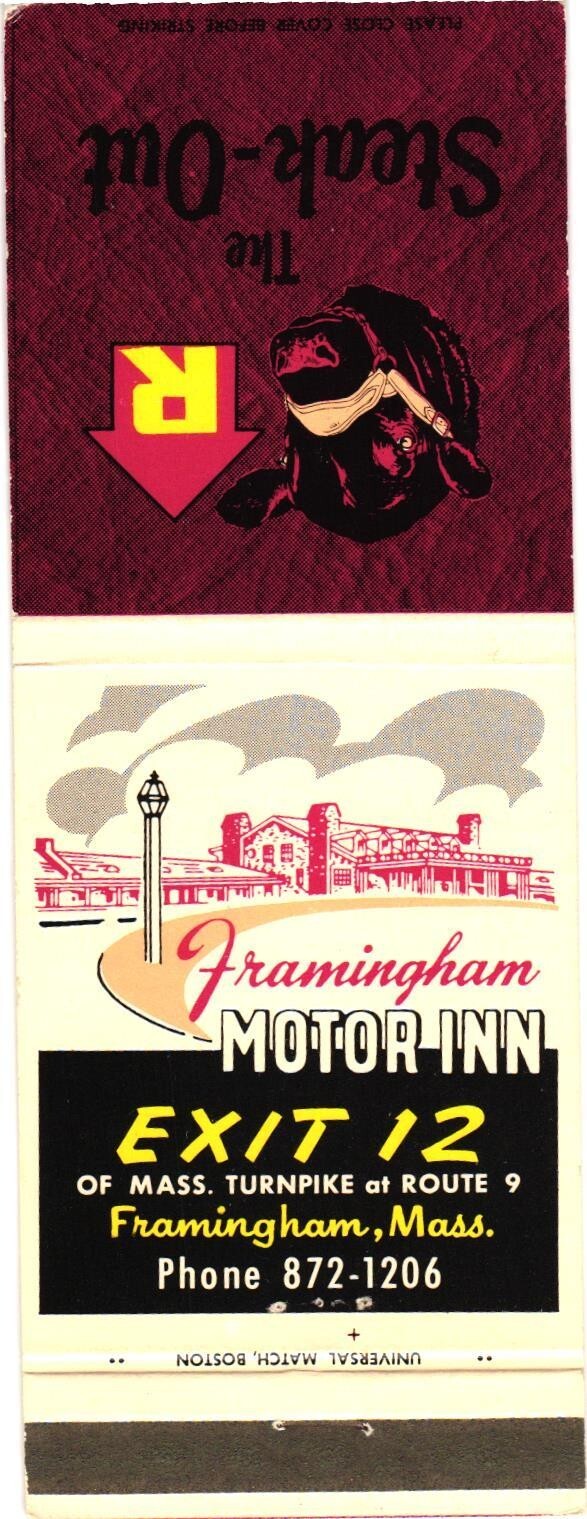 Framingham Motor Inn Steak-Out Framingham MA Vintage Matchbook 1960s-70s