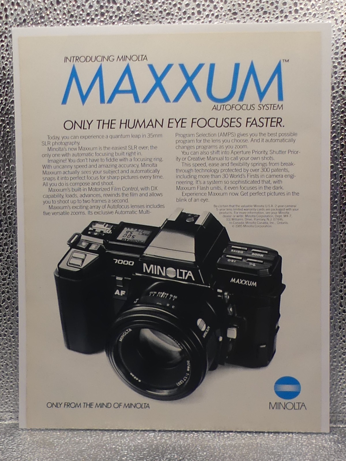 VTG Minolta Maxxum 35mm SLR Camera Magazine 1985 Print Advertising Full Page Ad VTG Minolta Maxxum 35mm SLR Camera Magazine 1985 Print Advertising Full Page Ad
