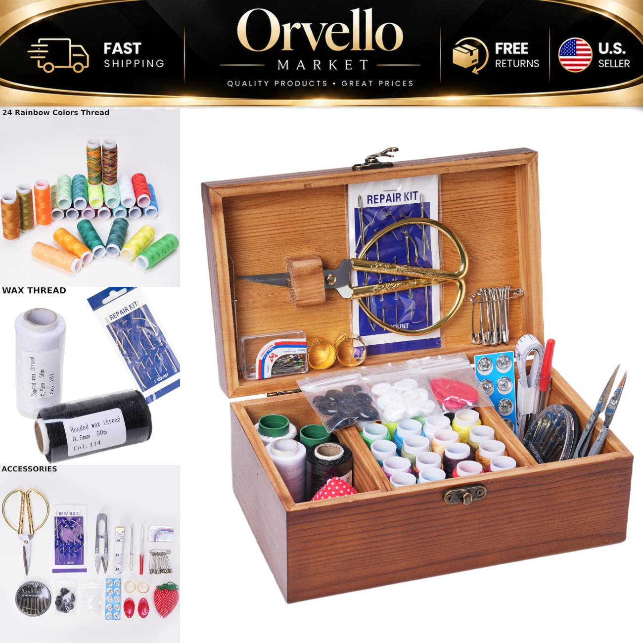 Wooden Sewing Kit Box with Accessories - Craft Storage Organizer for Sewing Supp