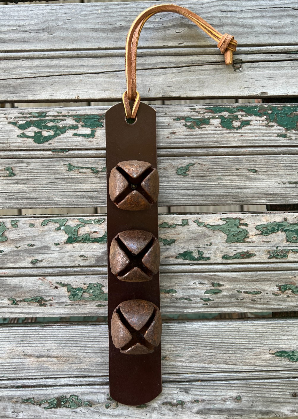 Rustic Farmhouse Decor 3 Rusty Sleigh Bells Bridle Leather strap Handmade