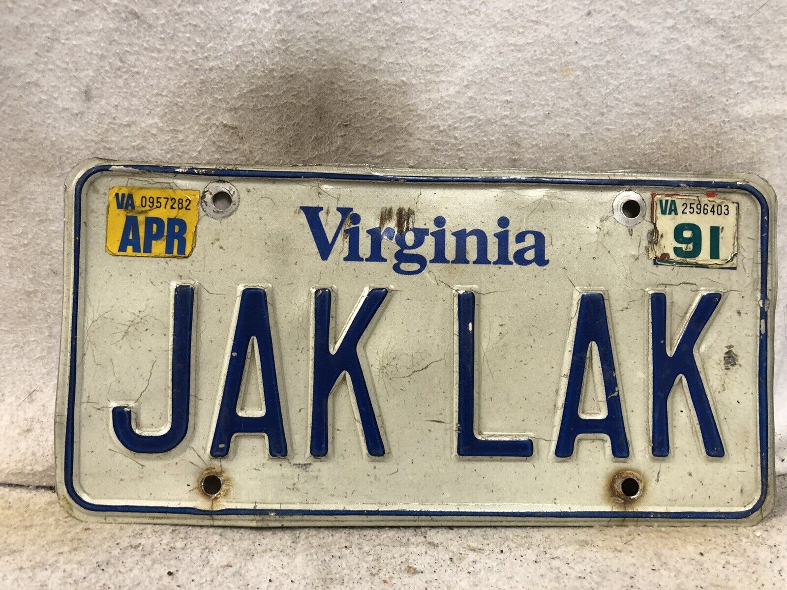 1991 Virginia Vanity License Plate “JAK LAK”
