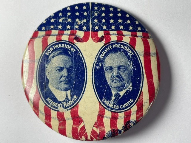 1928 Hoover-Curtis 2 1/4” Litho Jugate Campaign Pin Button Greenduck Co Flag A2