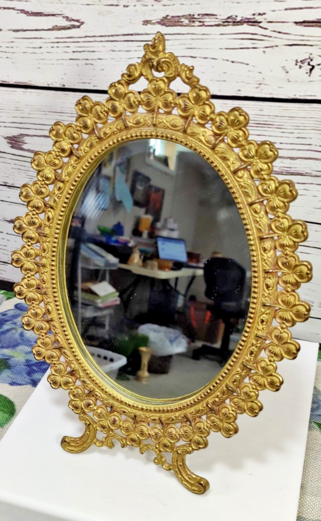 Vtg Gold Toned Ornate Cast Oval Metal Clover Design Vanity Mirror Easel Stand