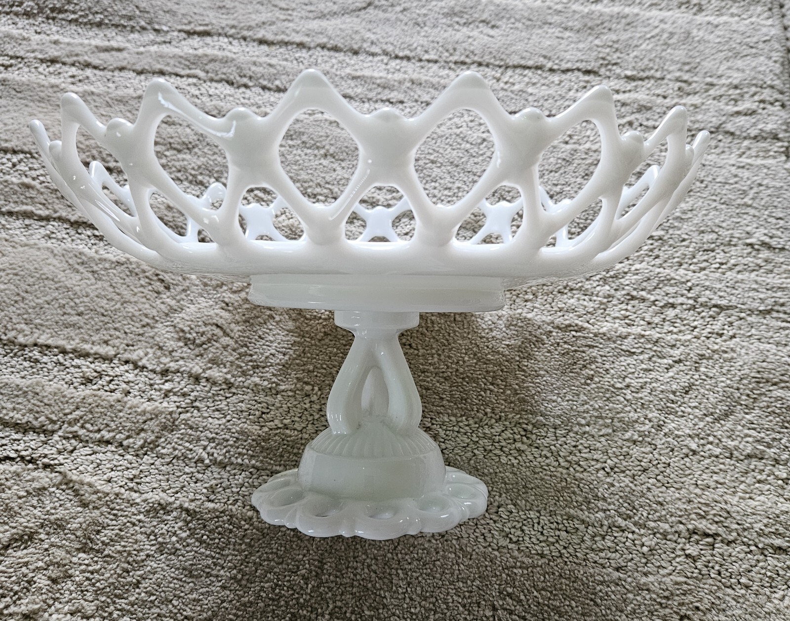 Doric Lace Milk Glass Pedestal Dish Large Open Weave Footed Base Open Stem
